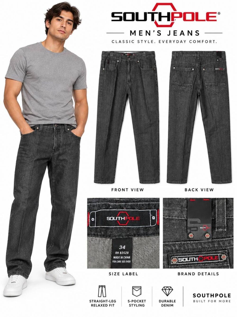 Southpole Men’s Straight Fit Jeans Gray Wash 34